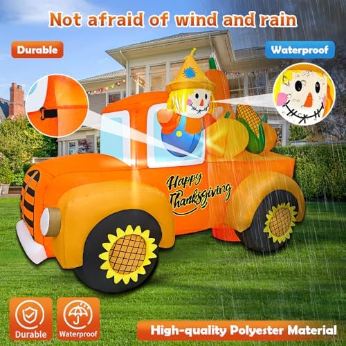 6FT Thanksgiving Inflatables Outdoor Decoration Inflatable Car with Scarecrow, Built in LED Lights Blow Up Yard Decorations for Fall Holiday Party Garden Lawn Décor - Image 5