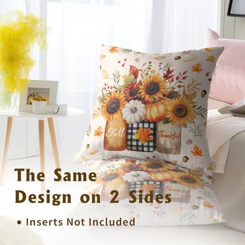 Autumn Sunflowers Vase Throw Pillow Covers 16X16 Inches Set of 2 Fall Thankful Pumpkin Maple Leaves Pillowcase Soft Cotton Square Cushion Covers for Home Sofa Patio Bedroom Decoration - Image 5