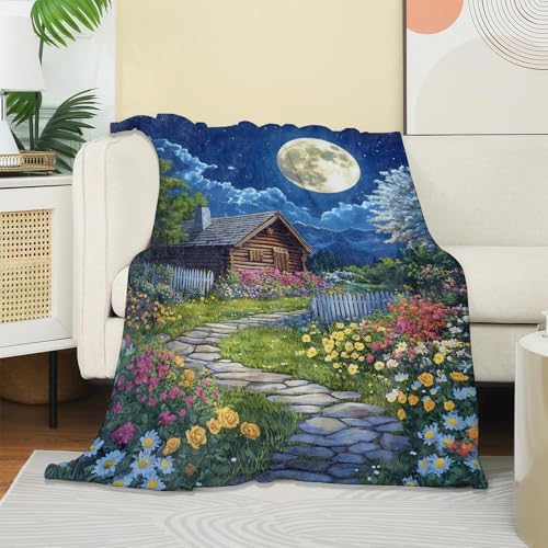 Farmhouse Garden & Moon Blanket, Soft Warm Cozy Throw Gifts for Adults Kids Women, Lightweight Comfy Fuzzy Flannel Blankets for Couch, Travel, Car, Home Decor 60×50 Inch - Image 2