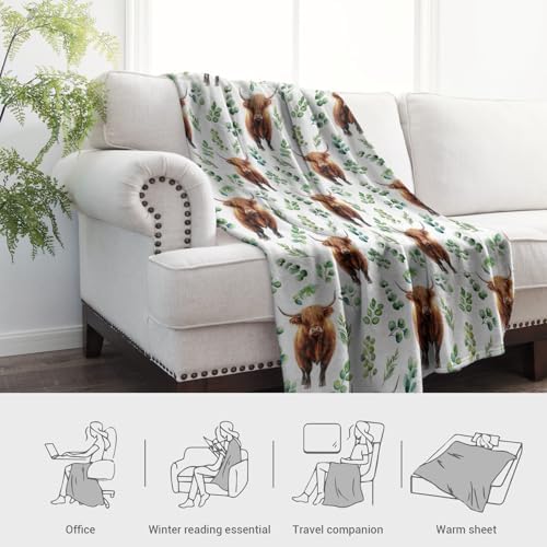 Jekeno Highland Cow Gifts Blanket for Women Girls Mom Friends Birthday Valentines Christmas Watercolor Animal Plant Leaves Print Presents Decor Farmhouse Home Sofa Couch Kids Adults Soft Throw 50"x60" - Image 6