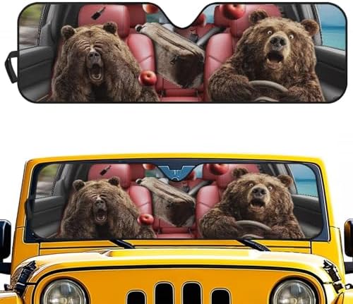 Renewold Car Windshield Sunshade Vehicles Front Window Sun Blocker Visor Suitable for Jeep Wrangler JK JKU JL JLU 1997-2023 Jeep Gladiator JT Sun Shade Foldable Cover Shield Funny Brown Bear Driving