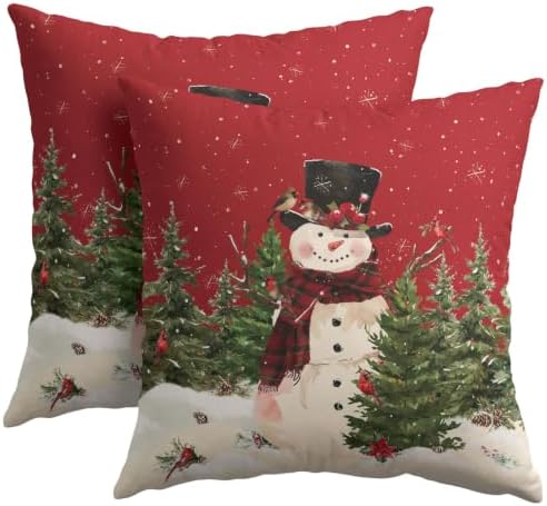 Snowman Throw Pillow Covers 24x24 Set of 2 Winter Christmas Tree Red Green - Image 2