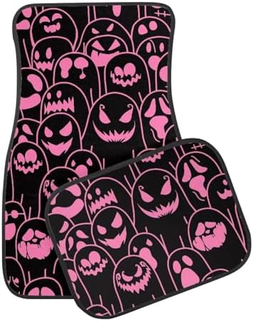 Pink Black Ghost Print Funny Halloween Car Floor Mats 4 PCS, Cute Durable Interior Accessories for Car SUV, All Weather Floor Mats with Front Rear Trunk Liners Set for Party