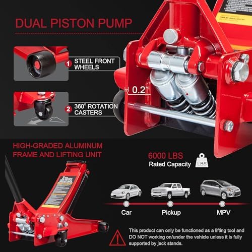 Big RED ATZ830026XR Torin Hydraulic Ultra Low Profile Heavy Duty Steel Service/Floor Jack with Dual Piston Quick Lift Pump, 3 Ton (6,000 lb) Capacity, Red - Image 5