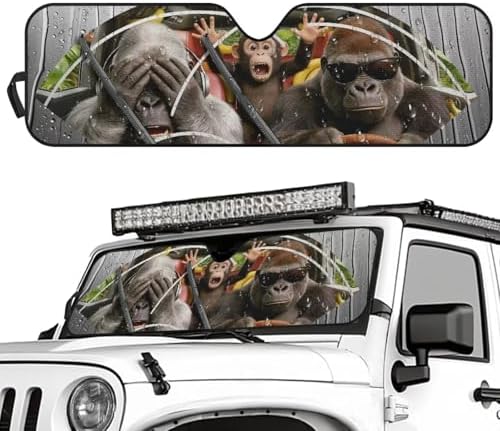 Renewold Auto Front Windshield Sun Shade for Jeep Wrangler JL 2/4 Door Jeep Gladiator JT 2020-2023 Foldable Car Window Sunshade Cover Block UV Rays Heat Sun Visor Funny Gorilla Driving Car Accessories