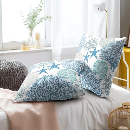 Summer Ocean Themed Nautical Coastal Throw Pillow Covers 12X12 Inches Set of 2 Blue Seashell Starfish Coral Pillowcase Soft Cotton Square Cushion Covers for Home Sofa Patio Bedroom Decoration - Image 6