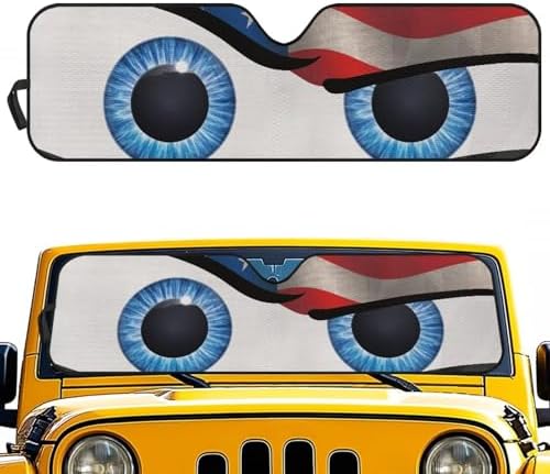 Renewold Funny Eyes Car Windshield Sunshade Car Front Window Sun Shade for Jeep Wrangler JK JKU JL JLU 1997-2023 2 & 4 Door Jeep Gladiator Auto Sun Visor Shield Decor Cover Keep Cool American Flag
