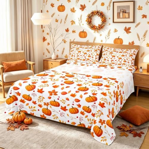 Happy Fall Fitted Sheet Halloween Autumn Pumpkin Bed Sheets King,Cute Fall Flowers Maple Leaf Bedding Set Thanksgiving Sheet Set Gifts for Kids Boys Girls Fall Home Bedroom Decor Flat Sheet 4 Pcs by Erosebridal