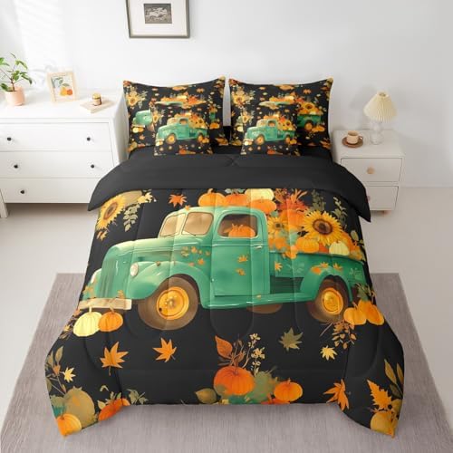 Erosebridal Thanksgiving Harvest Twin Comforter Set 7 Piece,Fall Pumpkin Truck Bedding Set with Sheets Farmhouse Maple Leaf Sunflower Bed in A Bag for Kids Adults Rustic Autumn Bed Set - Image 2