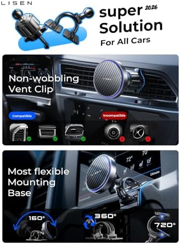 LISEN 15W MagSafe Car Mount Charger for iPhone 18 Pro Max, [Carbon Fiber] Magnetic Wireless Car Charger, Dashboard & Air Vent Car Phone Holder Mount Magnetic Universal for iPhone 17/16/15/14 Pro Max