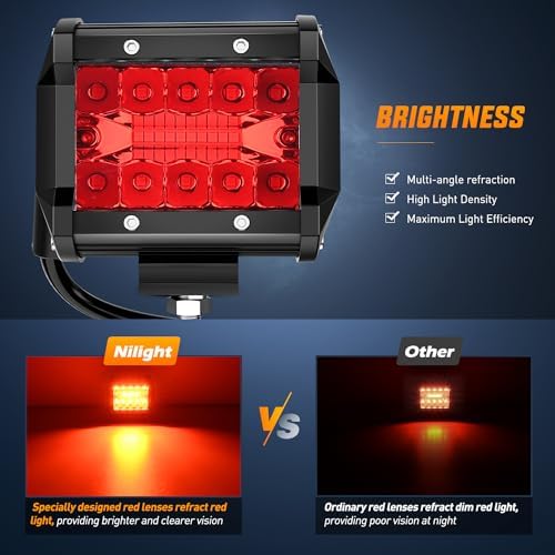Nilight 4 inch LED Light Pod Red Triple Row 2PCS 60W Flood Spot Combo Driving Fog Lights Fishing Hunting Emergency Safety Signal Deck Trailer Lighting for UTV Pick-up Van Boat Tractor