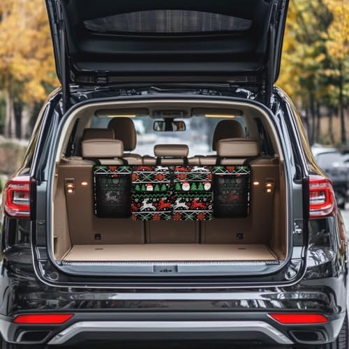 Ugly Christmas Reindeer Santa Print Car Trunk Organizer Car Backseat Storage Bag with 4 Pockets Hanging Trunk Cargo Storage Universal Auto Accessories for Sedans SUV Trucks Van