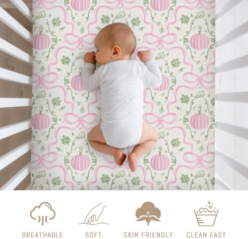 Fall Pink Pumpkins Bows Gingham Baby Crib Sheets for Girls Autumn Thanksgiving Harvest Soft Snug Fitted Crib Mattress Covers for 52''x28'' Standard Crib & Toddler Mattress Halloween Bed Sheets - Image 3