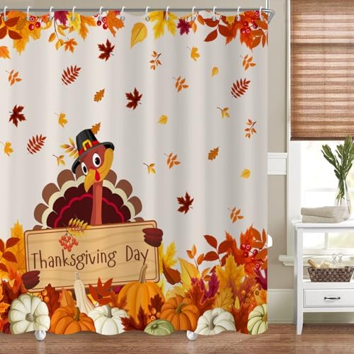 Thanksgiving Turkey Shower Curtain, Fall Autumn Harvest Pumpkins Falling Maple Leaves Thanksgiving Day Bathroom Curtain Waterproof Fabric Machine Washable with Hooks, 60" Wx72 L by Caheansi