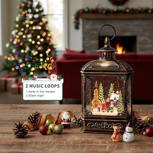 Christmas Snow Globe Lantern Water Glittering Town Home with Carolers, Music & Timer, USB Lined/Battery Operated Lighted Lantern for Christmas Festival Decoration Gifts - Image 4