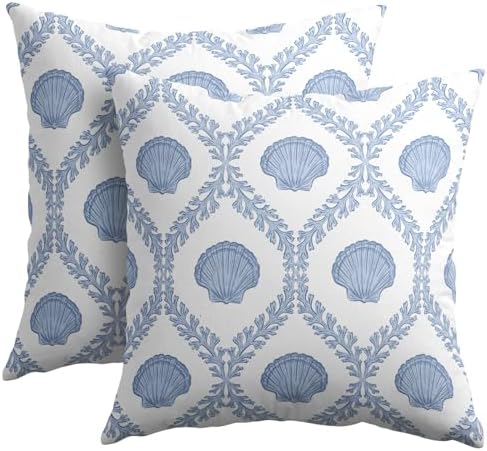 Light Blue Coastal Pillow Covers 24x24 Set of 2 Ocean Coral Shell Pattern Outdoor Decorative Linen Summer Throw Pillows Cases with Zipper Cushion Cover Rustic Decoration Farmhouse Sofa Couch Bed Decor by Trongr