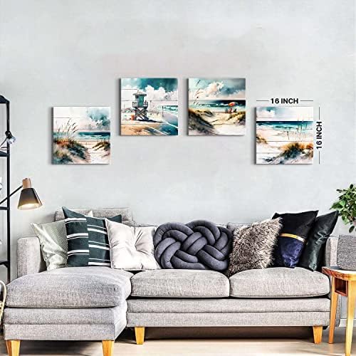 Teal Blue Beach Scenery Wall Art Vintage Beach Wall Decor for Bathroom Bedroom Ocean Pictures Watercolor Coastal Painting Nature Seascape Canvas Modern Artwork Living Room Home Decorations 16x16" 4Pcs - Image 2