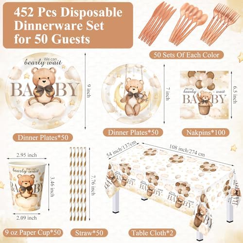 Funnymoom 452 Pcs Brown Bear Baby Shower Party Decorations for 50 Guests - Image 2