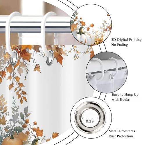 Fall Pumpkin Shower Curtain, Watercolor Autumn Harvest Pumpkins with Falling Maple Leaves Thanksgiving Day Bathroom Curtain Waterproof Fabric Machine Washable with Hooks, 72" Wx84 L - Image 6