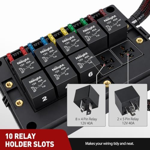 Nilight 12V Fuse Relay Box 10 Relays 4pin/5pin 40A 10 Fuses Pre-Wired Block