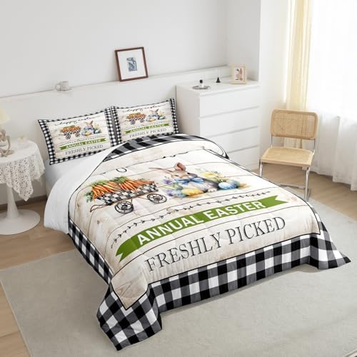 Homewish Easter Rabbit Comforter Set King Size,Watercolor Carrot Eggs Flower Bedding Set for Kids Girls Boys Adult Room Decor,Rustic Farmhouse Quilt Set Black White Plaid Duvet Insert,2 Pillowcases - Image 4