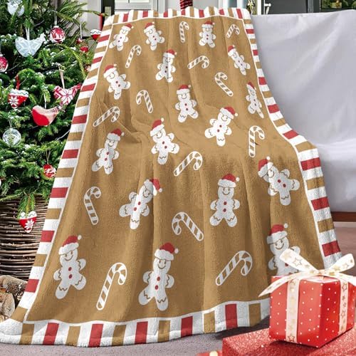 Christmas Gingerbread Man Flannel Throw Blanket, Cute Xmas Candy Cane - Image 5