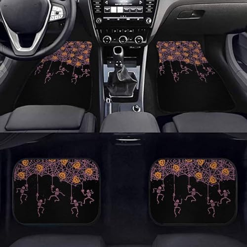 Pink Spider Web Skeleton Black Print Funny Halloween Car Floor Mats 4 PCS, Cute Durable Interior Accessories for Car SUV, All Weather Floor Mats with Front Rear Trunk Liners Set for Party