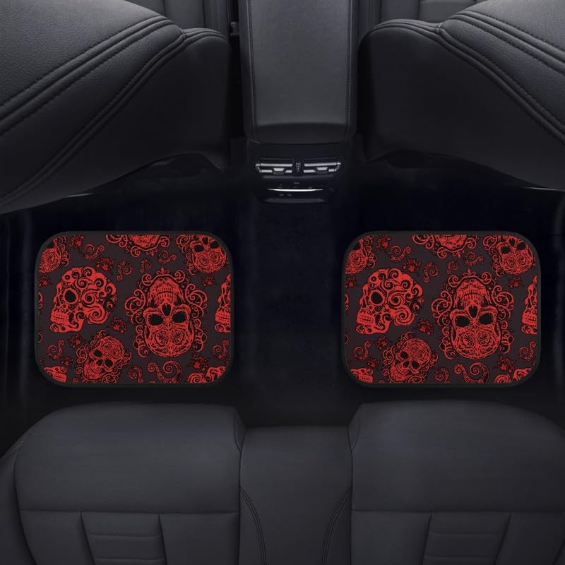 Gothic Skull Print Car Carpet Floor Mat Rubber Heel Pad 4PC for Cars Trucks SUV Protection - Driver Seat, Black Red Skeleton Passenger Seat and Rear Floor Mats