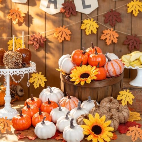 DearHouse 80Pcs Artificial Pumpkins Maple Harvest Fall Decoration, 30Pcs Fall Pumpkins and 50Pcs Maple Leaves for Autumn Thanksgiving Harvest Home Decor - Image 2