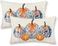Fall Pillow Covers 12x20 Set of 2 Chinoiserie Blue and Orange Pumpkin Throw Pillows Autumn Thanksgiving Outdoor Fall Decoration Pillowcase Farmhouse Lumbar Cushion Case for Couch Home Decor by Gohdiwh