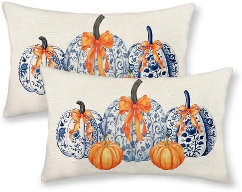 Fall Pillow Covers 12x20 Set of 2 Chinoiserie Blue and Orange Pumpkin Throw Pillows Autumn Thanksgiving Outdoor Fall Decoration Pillowcase Farmhouse Lumbar Cushion Case for Couch Home Decor by Gohdiwh