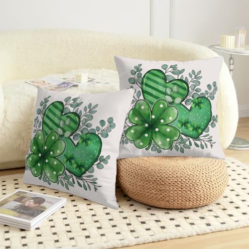 Sweetshow St Patricks Day Pillow Covers 20x20 Inches Lucky Green Shamrock Eucalyptus Heart Throw Pillow Case Set of 2 Irish Spring Pillows Cotton Linen Cushion Cover for Home Couch Sofa Livingroom - Image 7