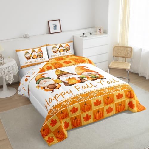 Erosebridal Cute Gnome Comforter Set Full Size Pumpkin Bedding Set Maple Leaves Sunflower Fruits Autumn Harvest Down Comforter for Kids Girls Boys Duvet Insert Thanksgiving Orange Room Decor 3Pcs - Image 4