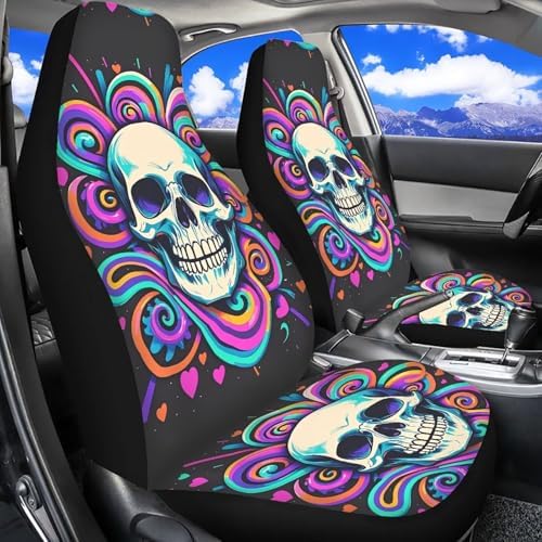2 Pcs Car Seat Covers Full Set, Trippy Swirl Skull Front Split Bench Seat Covers for Cars, Hippy Colorful Spiral Skull Universal Seat Cover for Sedan, SUV, Truck