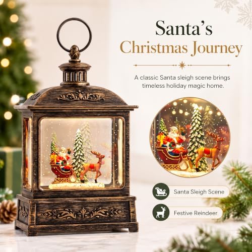 Christmas Snow Globe Lantern Water Glittering Santa Sleigh & Reindeer Scene with Music, USB Lined/Battery Operated Lighted Lantern for Christmas Festival Decoration Gifts - Image 2