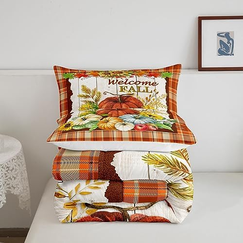 Homewish Fall Pumpkin Sunflower Comforter Set Twin Size Orange Plaid 2Pcs - Image 6