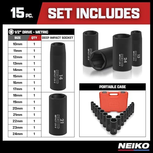 NEIKO 02474A 1/2" Impact Socket Set, 15 Piece Metric Socket Set 10-24 mm, Deep Sockets, 6 Point, 1/2” Drive Sockets for 1/2" Impact Wrench, Chrome Vanadium Cr-V - Image 6