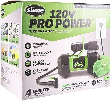 Slime 40045 Home Tire Inflator, Wall Mounted 120V, SUV, 4x4 Air Compressor, Heavy Duty, 2X Pro Power, with Analog 100 psi Dial Gauge, Long Hose and LED Light, 4 min Inflation - Image 2