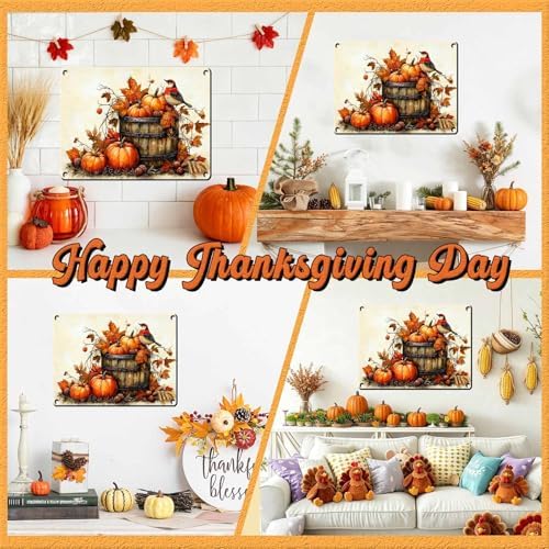 Pumpkin Vintage Tin Sign Happy Thanksgiving Metal Wall Decor for Living Room Entryway Fireplace Farmhouse 12x16Inch - Image 4