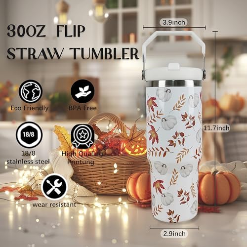 30oz Fall Tumbler with Handle and Flip Straw, Fall Gifts for Women, Reusable Stainless Steel Pumpkin Tumbler, Insulated Leak Proof Travel Coffee Mug - Image 6