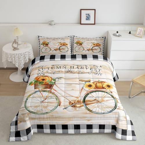 Homewish Autumn Pumpkin Comforter Set Queen Size,Halloween Geometric Plaid Bedding for Kids Teens Adults Room Decor,Rustic Farmhouse Quilt Vintage Bike Duvet Insert 3pcs with 2 Pillowcases - Image 4