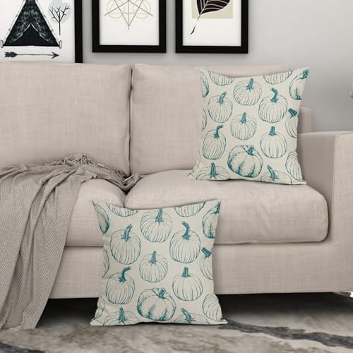 Teal Pumpkin Fall Pillow Covers 22x22 Set of 2 Autumn Themed Thanksgiving Harvest Print Decorative Throw Pillows Outdoor Farmhouse Pillowcases Cushion Case Seasonal Decor for Couch Sofa Bed - Image 3