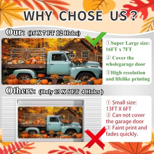 Fall Thanksgiving Garage Door Cover Decorations Backdrop Banner,7x16ft Large Hanging 2 Car Garage Door Cover,Autumn Maple Forest Pumpkin Truck Backdrop Wall Decor for Outdoor Holiday Decorations - Image 2