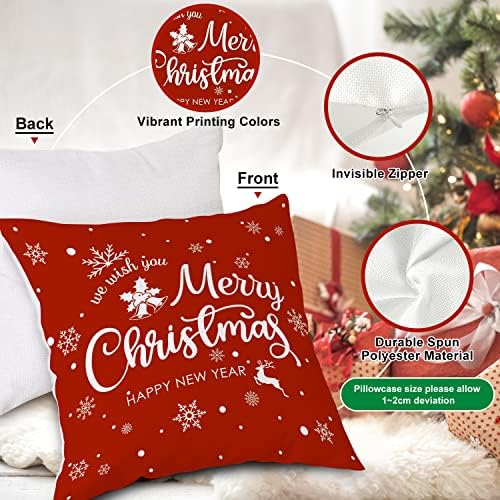 Lanpn Christmas Throw Pillow Covers 12x12 Set of 4, Merry Christmas Winter Xmas Snowflake Decorative Holiday Cushion Pillow Cases 12 x 12 for Outdoor Indoor Farmhouse Home Room Couch Decor (Red) - Image 6
