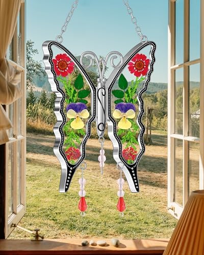 KY&BOSAM Butterfly Suncatchers Pressed Flowers Stained Glass Window Hanging - Image 2