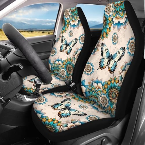 Boho Mandala Flower Butterfly Print Car Front Rear Seat Covers Full Set of 4 Car Accessories Vehicle Split Bench Protector Universal Fit for Cars Truck Sedan