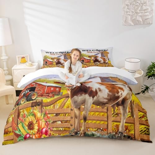 Fall Harvest Kids Duvet Cover Set King Size,Cow Rustic Farmhouse Bedding Set,Girls Boys Adults Room/Cabin Decor,Sunflowers Pumpkin Autumn Comforter Cover,Colorful Bright Quilt Cover,2 Pillowcases by Manfei
