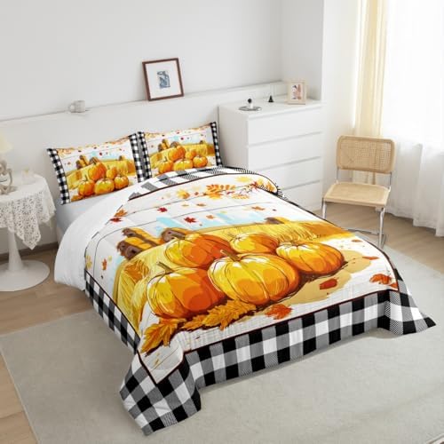 Homewish Rustic Farm Comforter Set Pumpkin Barn Door Fall Plants Harvest Theme Bedding Kids Adult Room Decor,Black White Grid Quilt Vintage Maple Tree Duvet Insert Twin Size 2Pcs (ZZRS3669ZMD-BZ_USt) - Image 6