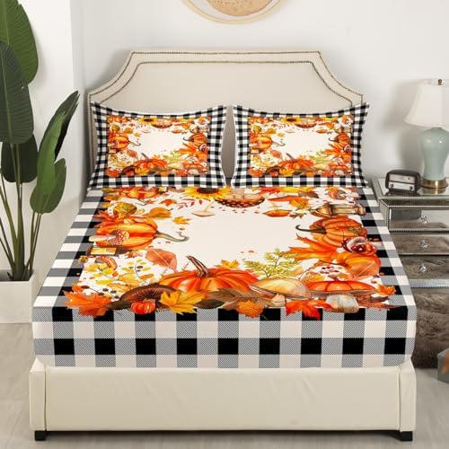 Thanksgiving Bed Sheets Fall Pumpkin Mushrooms Bedding Sheets Full Brown Buffalo Plaid Sheet Set,Autumn Harvest Season Fitted Sheet + Flat Sheet + 2 Pillow Cases,Fall Decorations For Home Bedroom - Image 3