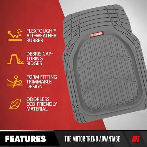 Motor Trend FlexTough 4-Piece Heavy Duty Floor Mats for Cars Trucks SUVs, Automotive Floor Mats Car Mats Full Set Front, Rear & Cargo, Trim-To-Fit Semi-Custom Deep Dish All Weather Rubber Mats - Gray